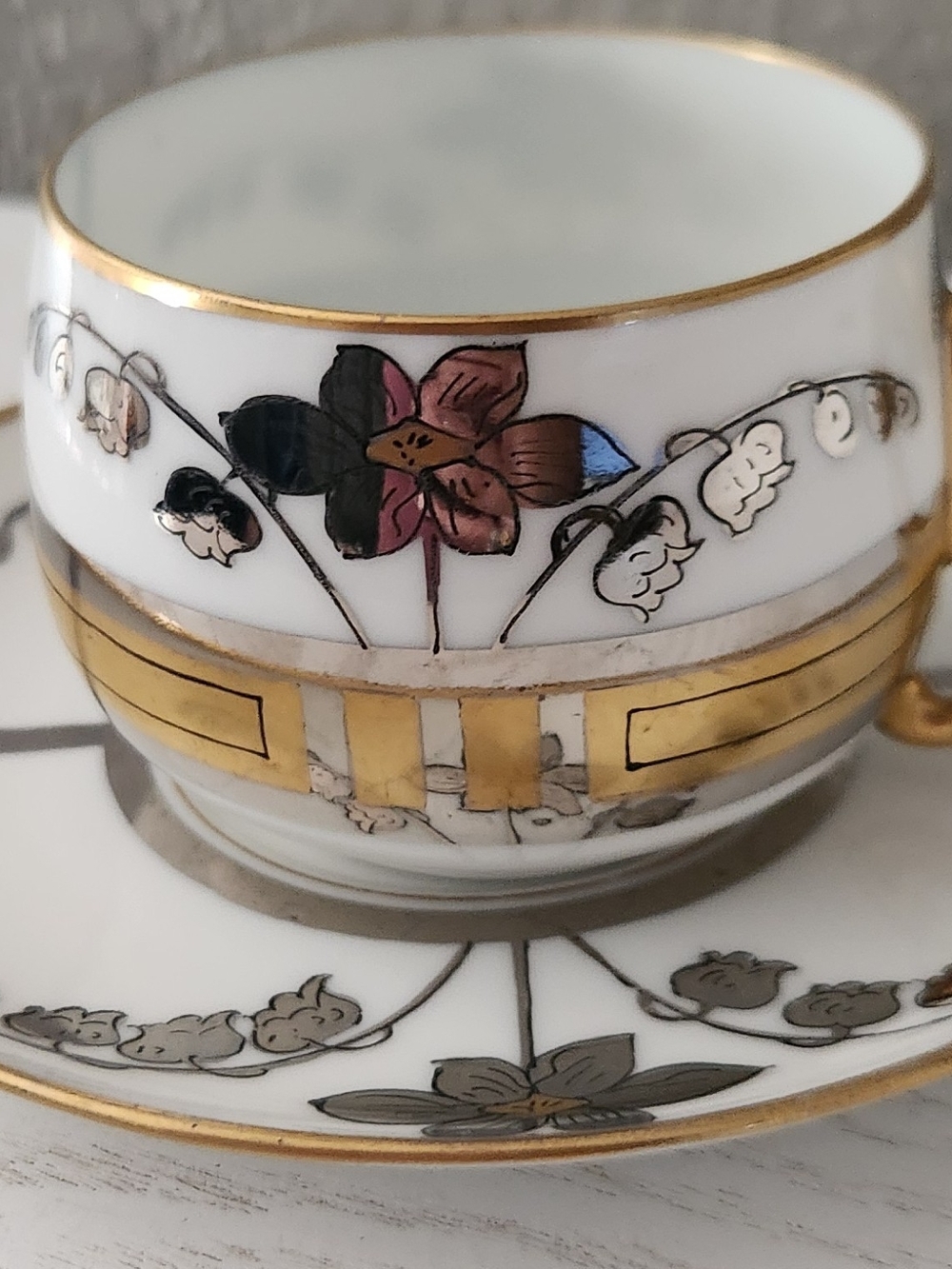 Antique Demitasse Cup & Saucer M&Z Austria Stouffer Hand Painted Gold Gilt Trim